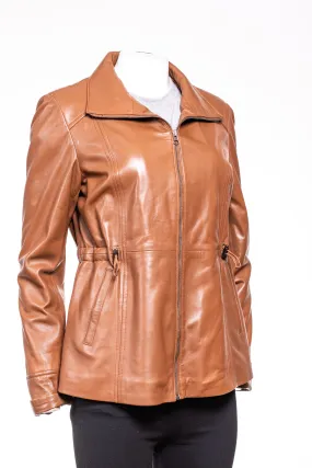 Ladies Plus Size Tan Black Hip Length Toggle Waist Leather Jacket: Berta