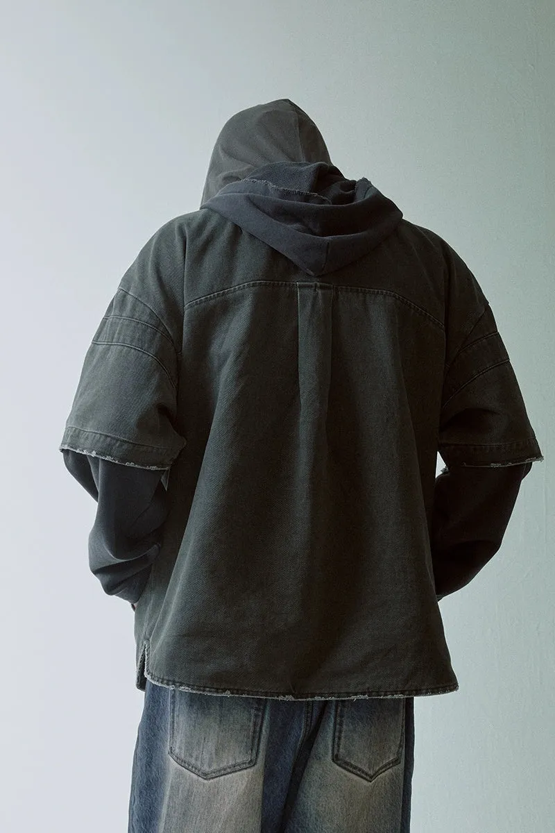 Layered Washed Hooded Shirt Jacket