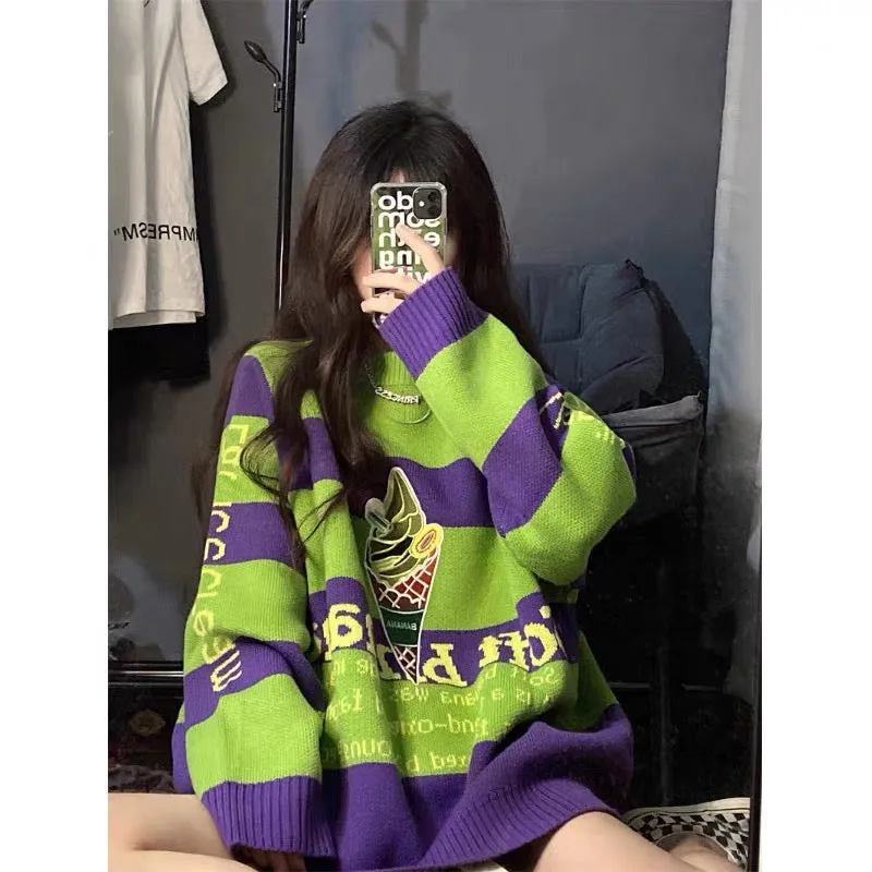 Lazy style ice cream stripe contrasting knitted sweater for women 2023 new loose autumn and winter round neck top trendy