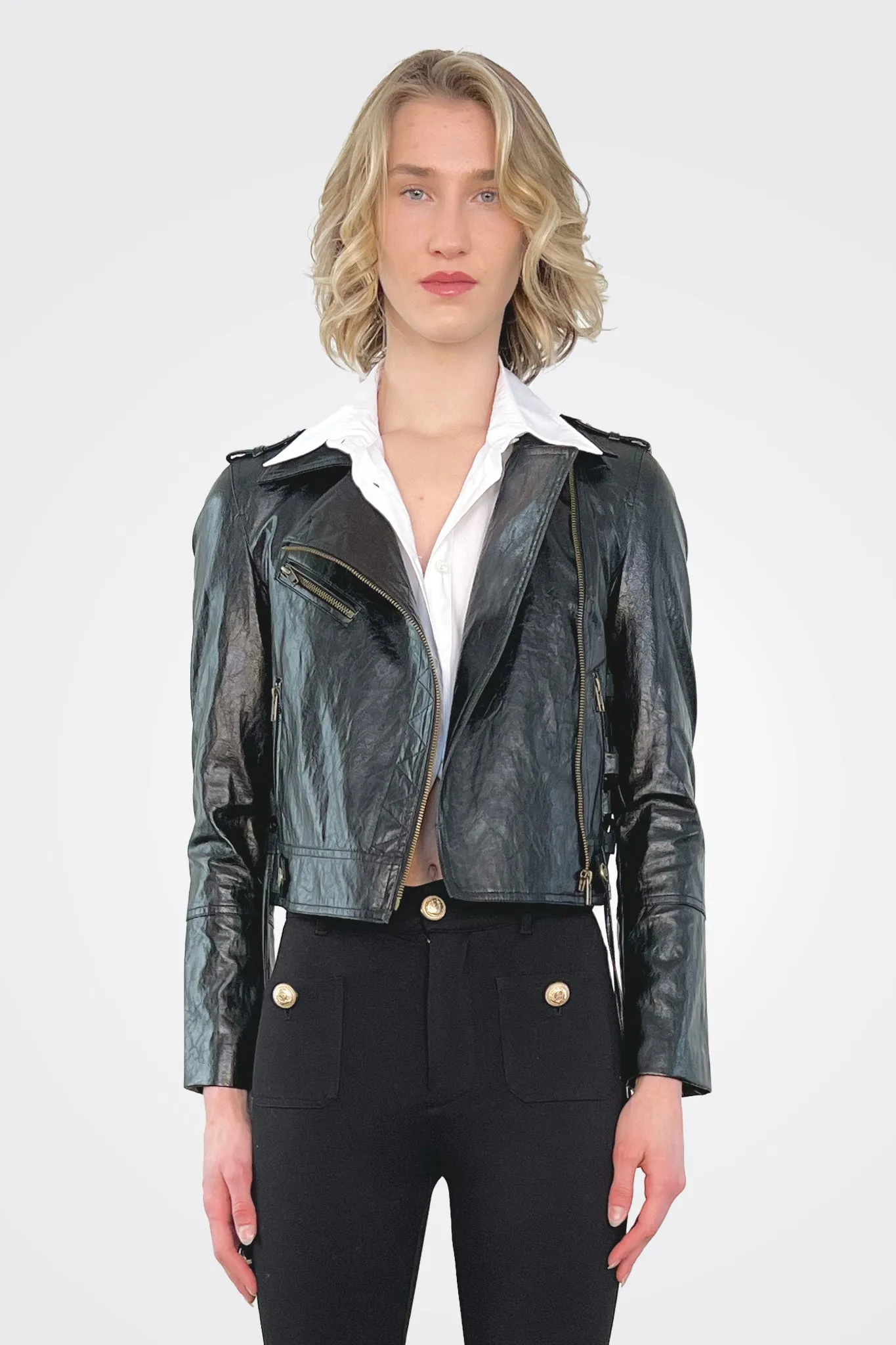 Leather-Like Biker Jacket - Black