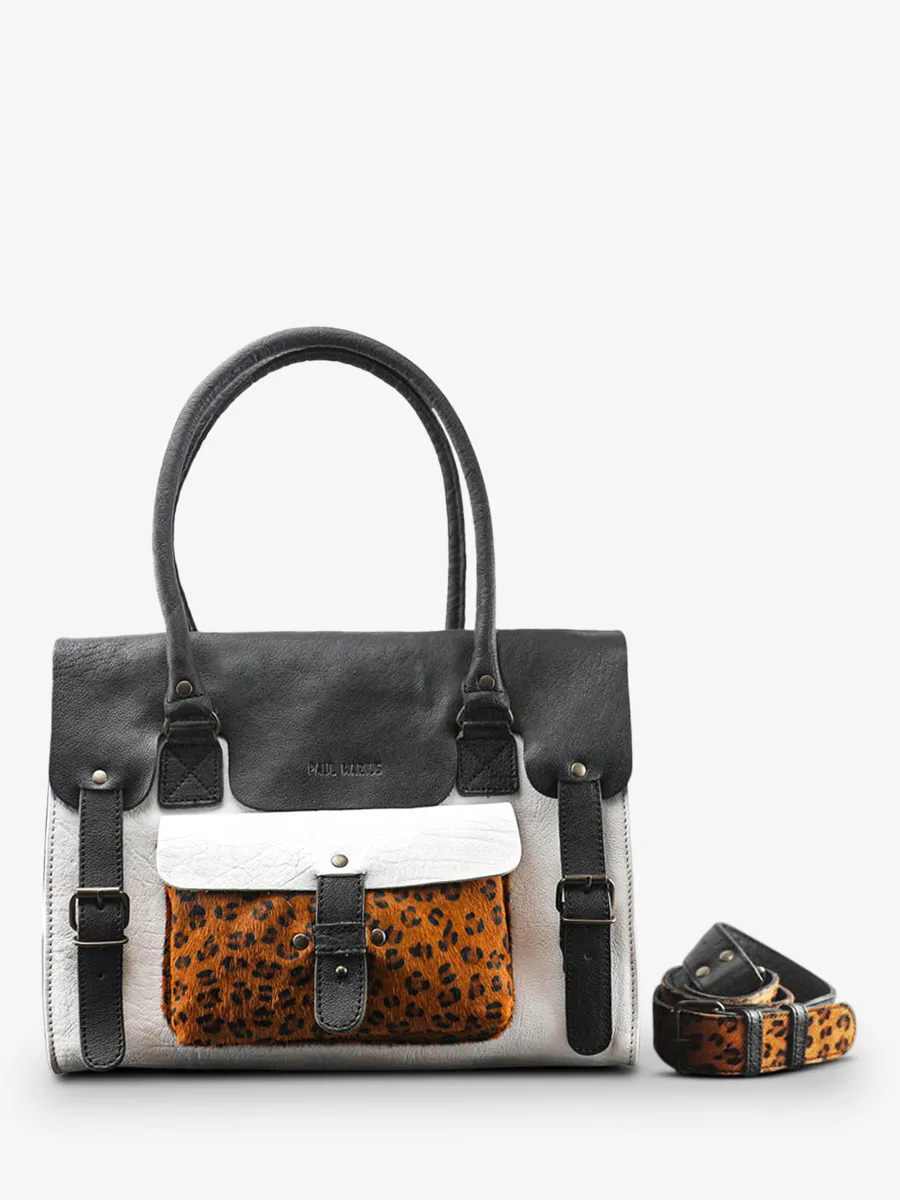 leather shoulder bag for woman Multicoloured,Black,White - LeRive Gauche - M Léopard Black White | PAUL MARIUS