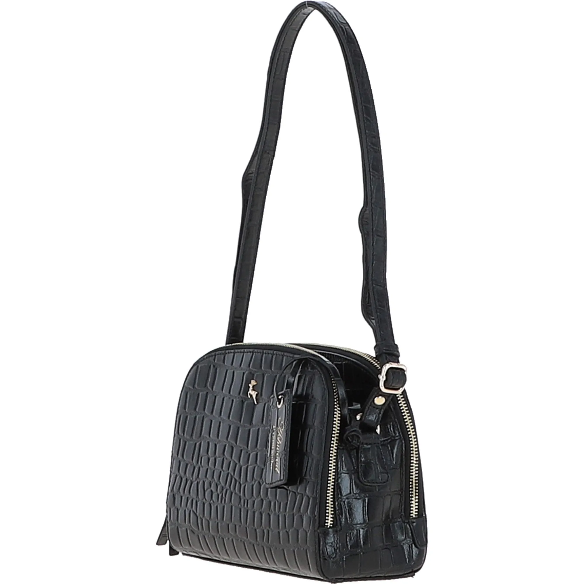 Leather Three Section Cross Body Bag Black/croc: 63789 Croc