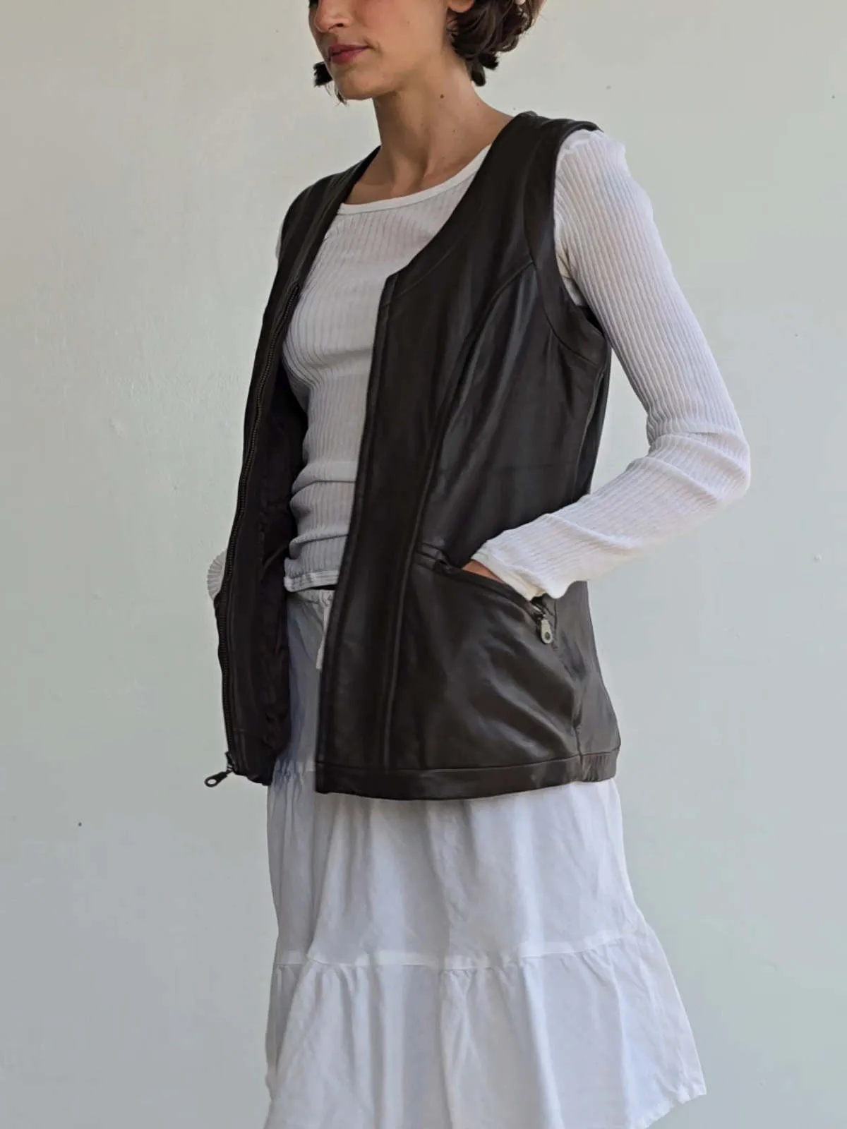 Leather Zip Vest - Cocoa