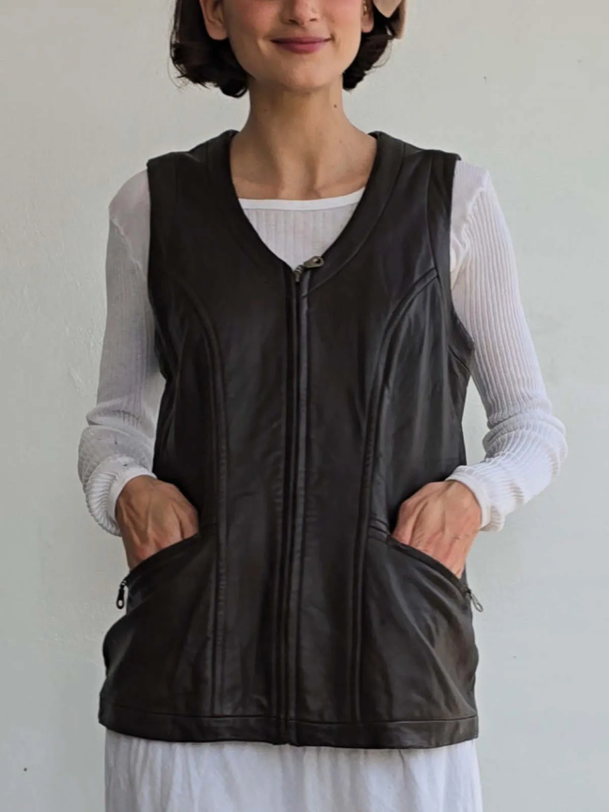 Leather Zip Vest - Cocoa