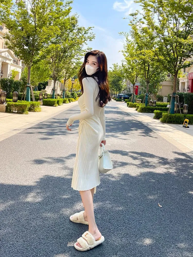 Lin Yaner white knitted dress women's autumn and winter clothing 2023 new French style bottoming autumn and winter sweater dress