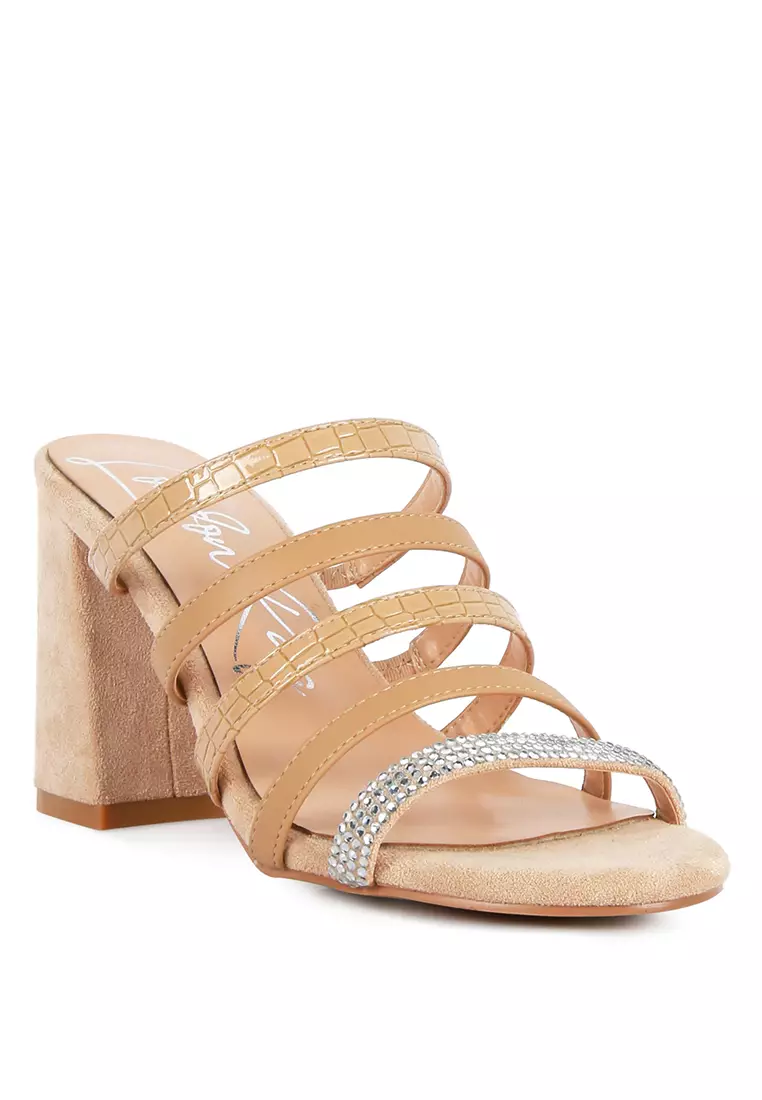 London Rag Beige Multi Strap Diamante Detail Sandals
