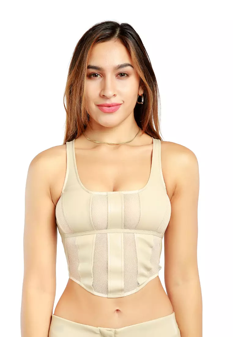 London Rag Mesh Sleeveless Crop Top in Stone