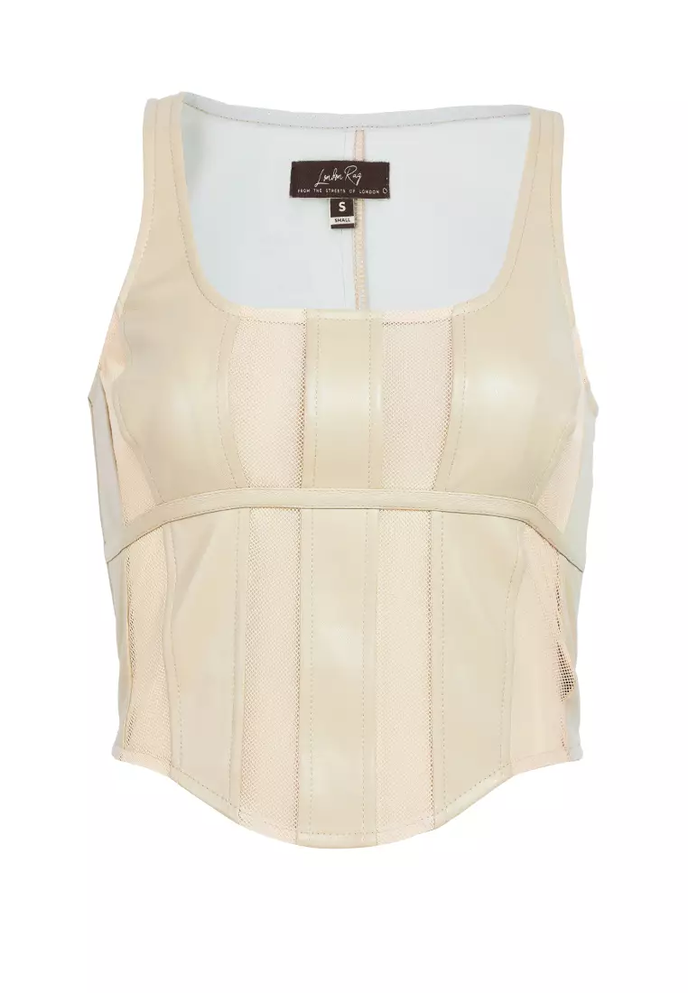 London Rag Mesh Sleeveless Crop Top in Stone