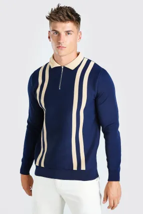 Long Sleeve Contrast Stripe Knitted Polo