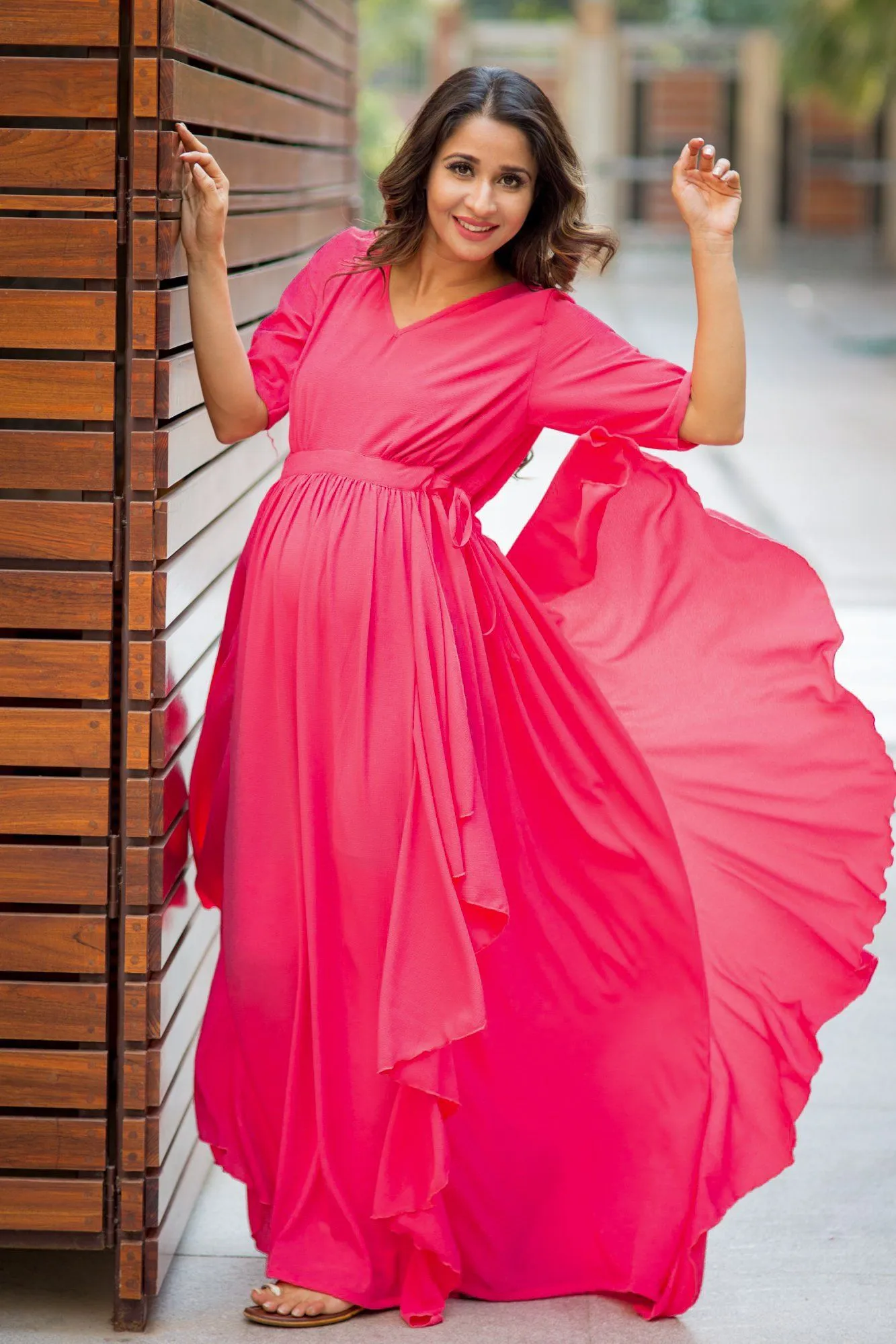 Luxe Pink Blush Bubble Georgette Maternity Dress