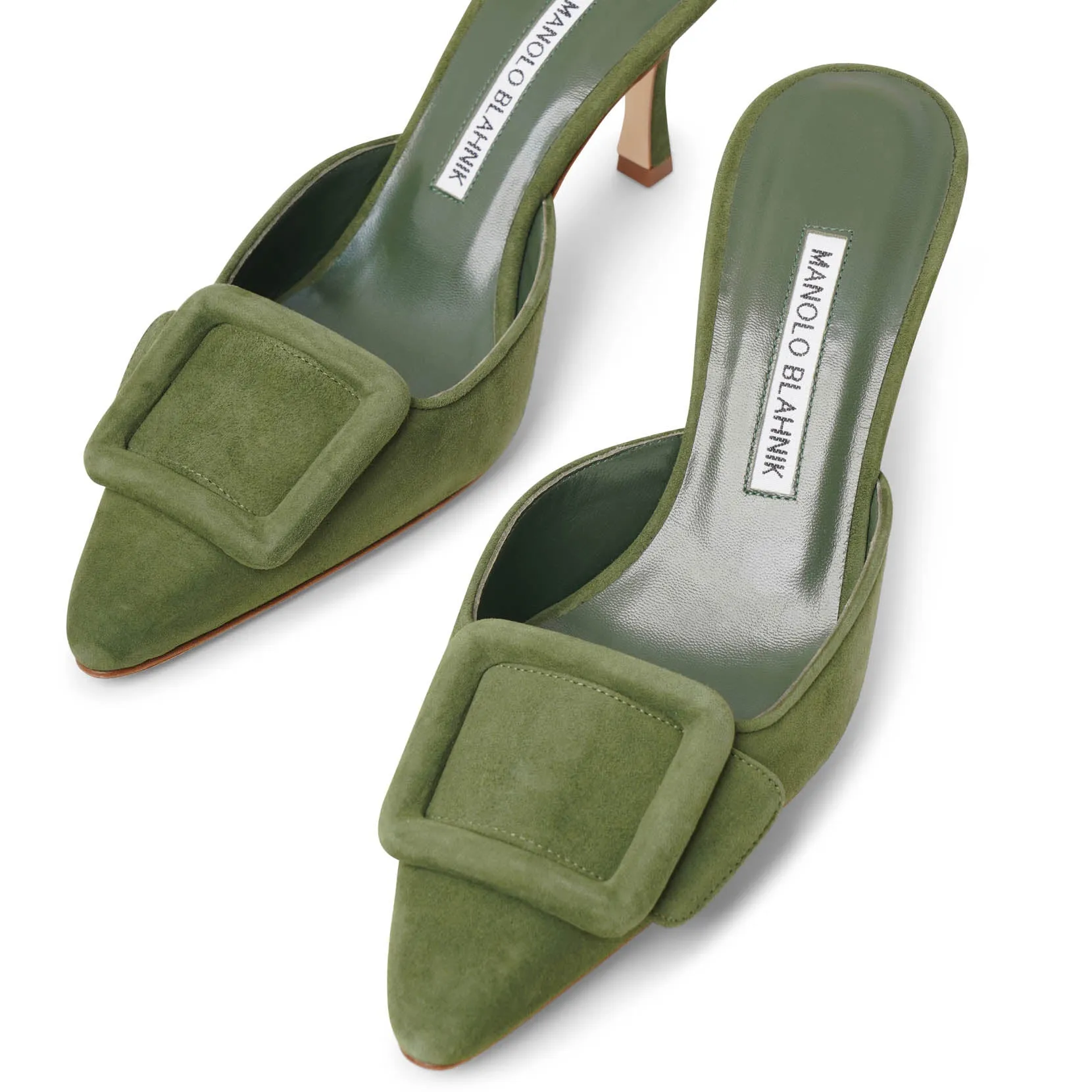 Manolo Blahnik Maysale 70 dark green suede mules