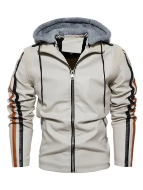 Man's Leather Jacket Comfy Layered Zipper Color Block Smart Moto Winter ecru white