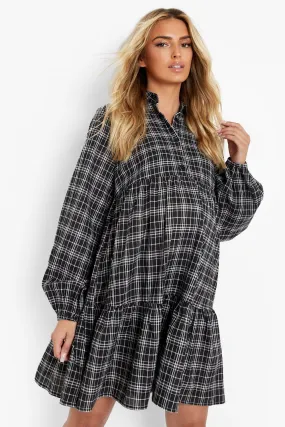 Maternity Flannel Tiered Shirt Smock Dress
