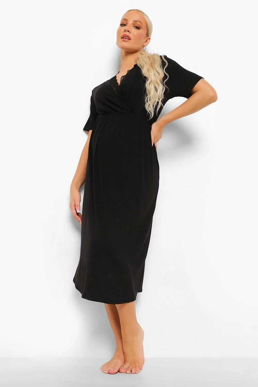 Maternity Lace Trim Cap Sleeve Nightgown