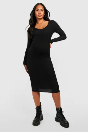 Maternity Rib V Neck Midi Dress