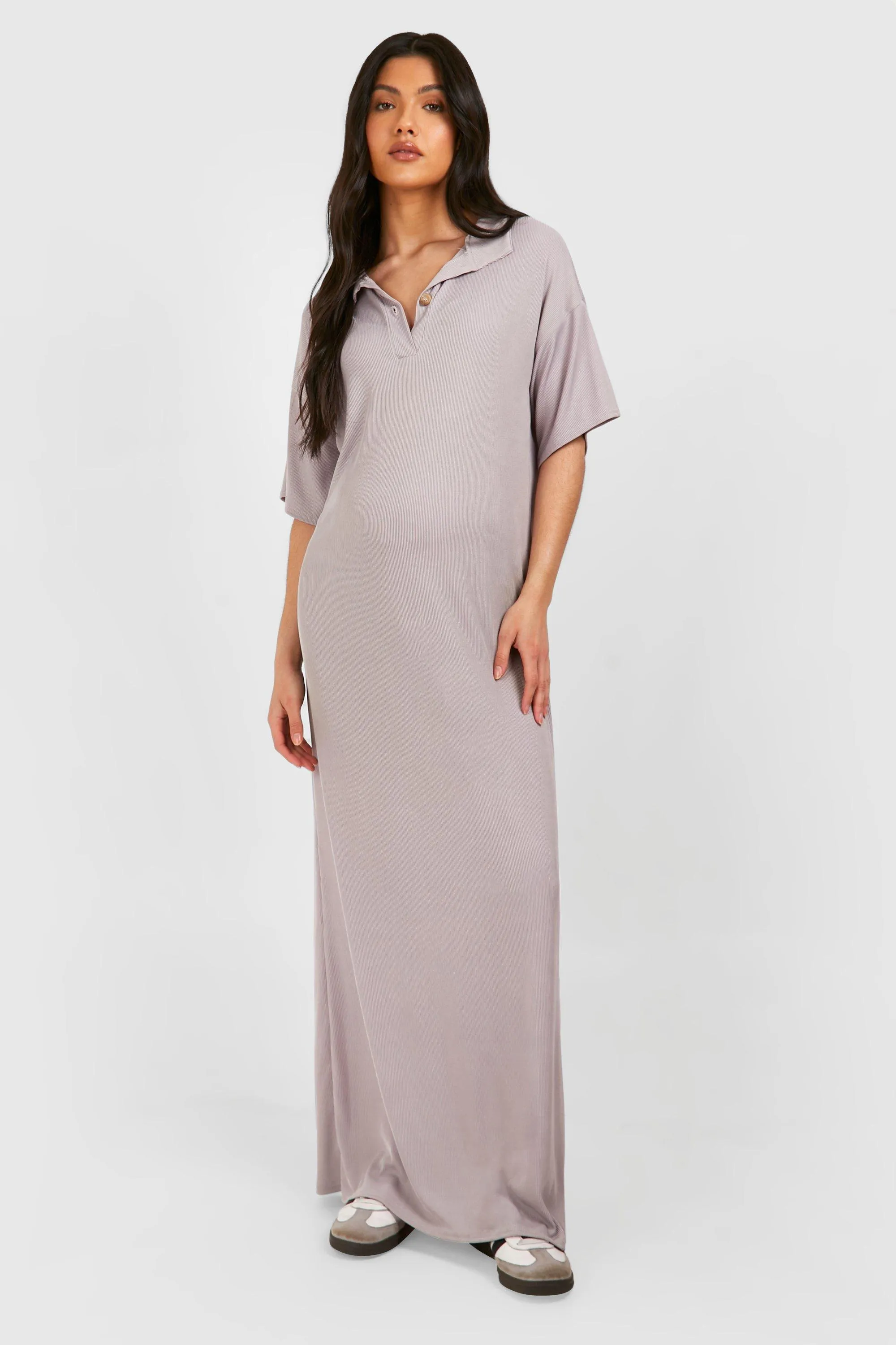 Maternity Ribbed Collared Maxi T-shirt Dress