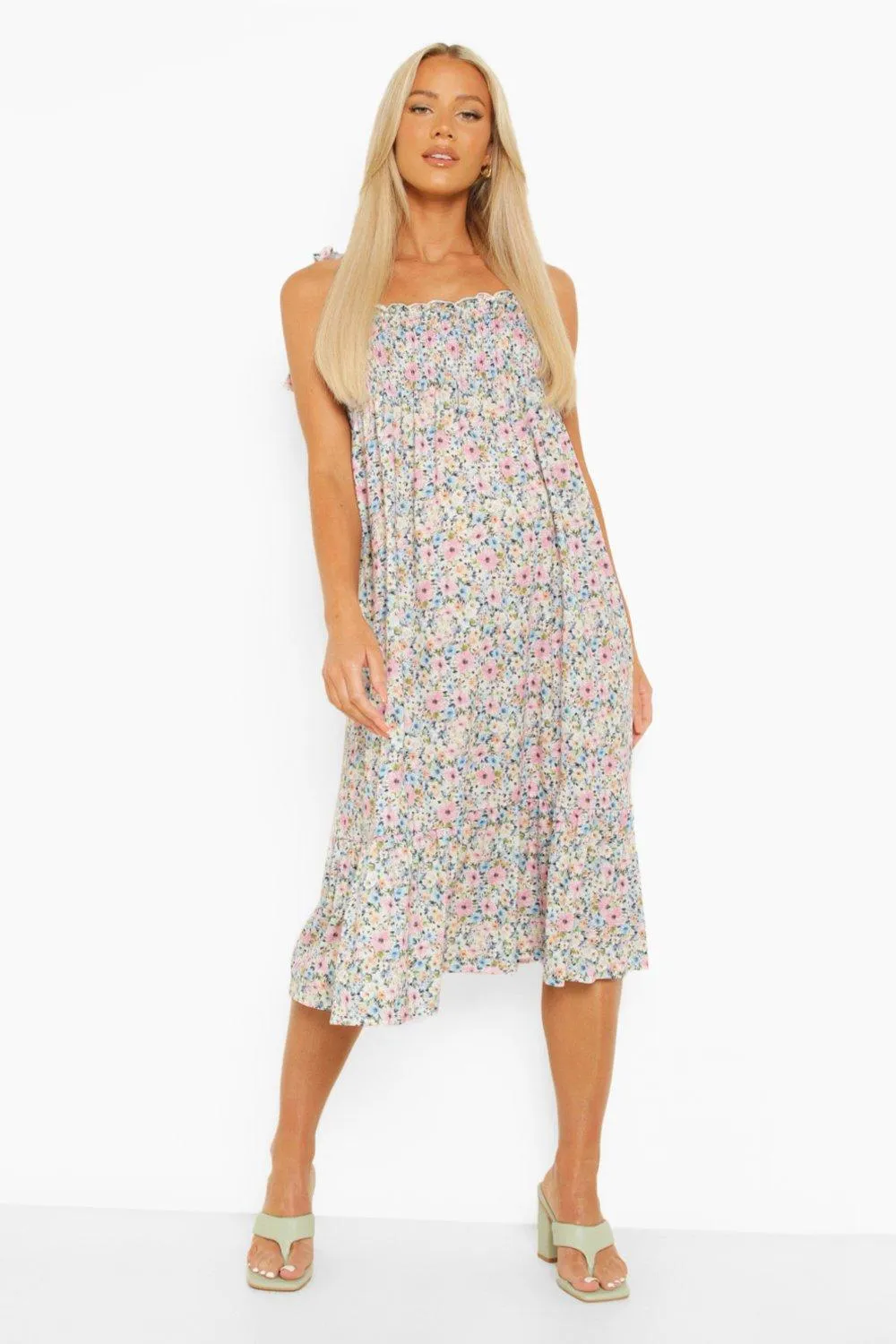 Maternity Tie Strap Shirred Midi Dress