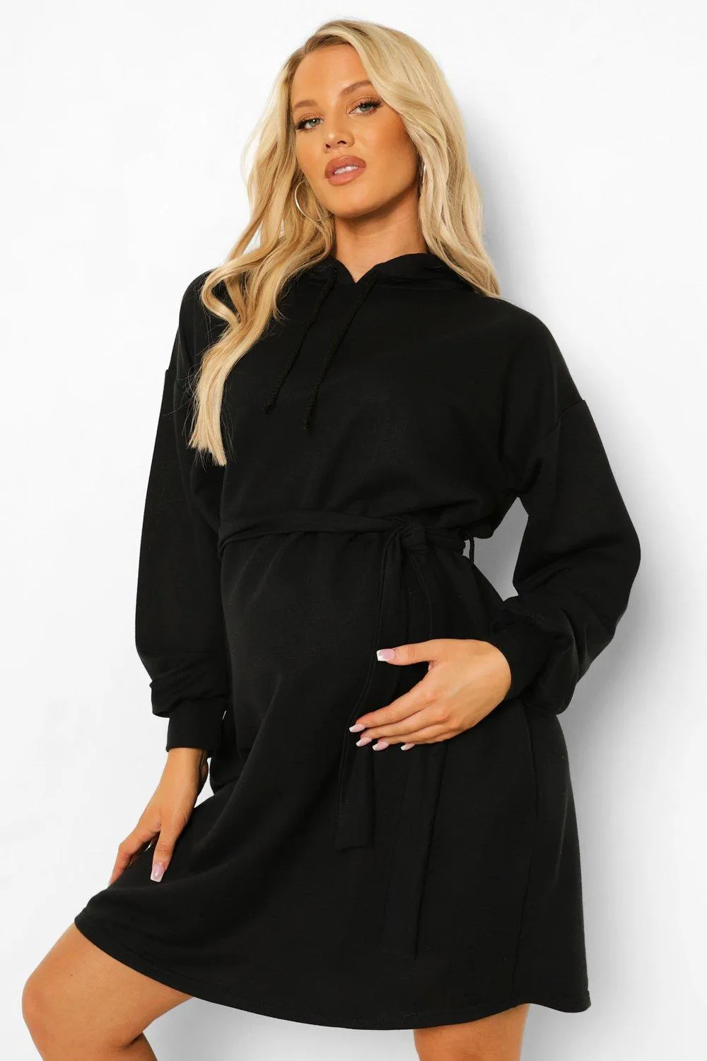 Maternity Tie Waist Hooded Sweatshirt Dress