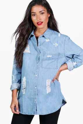 Maternity Ultra Distressed Oversized Denim Shirt