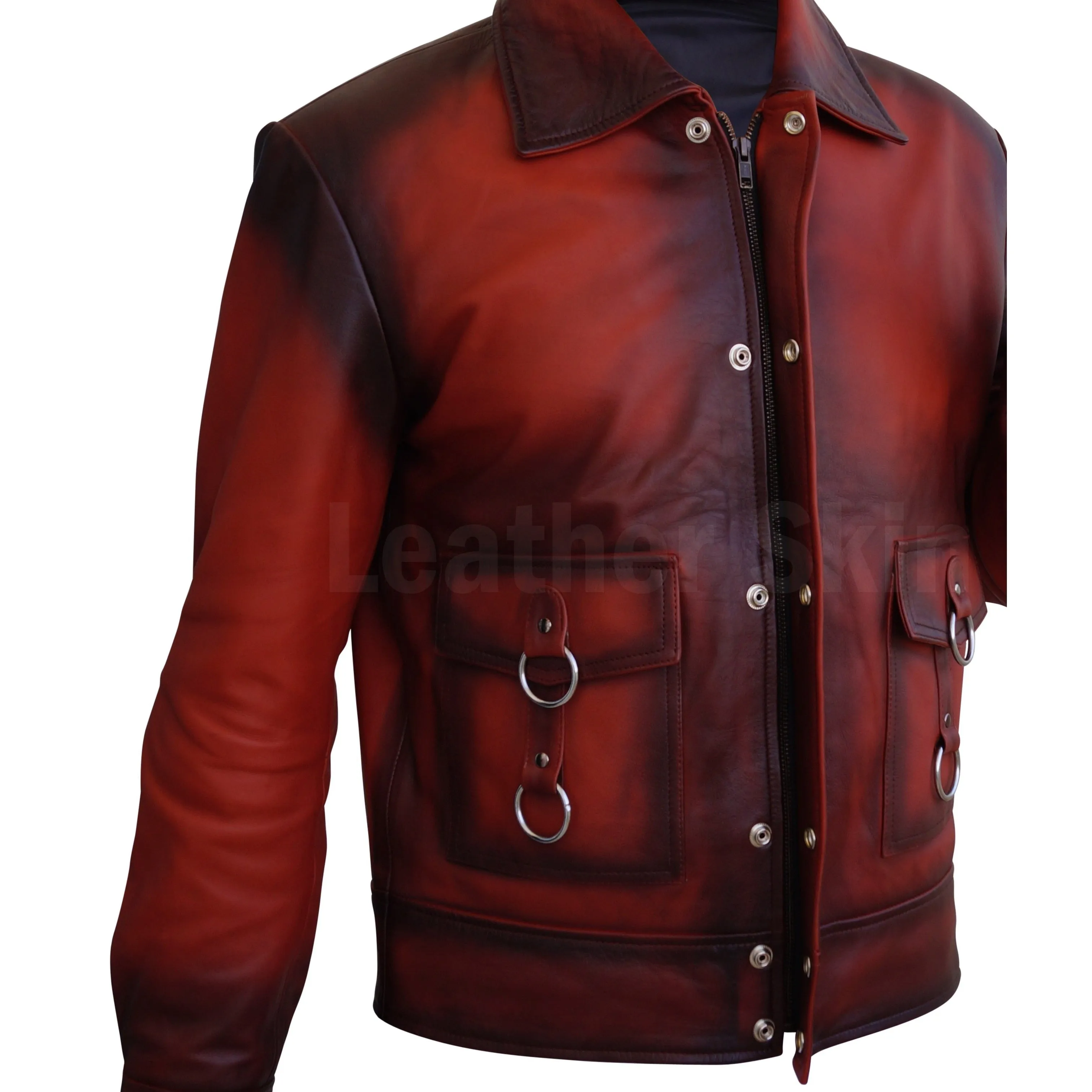 Men Distressed Tan Red Cow Leather Jacket with Metal Hoops Front Zippe - Leather Skin Shop