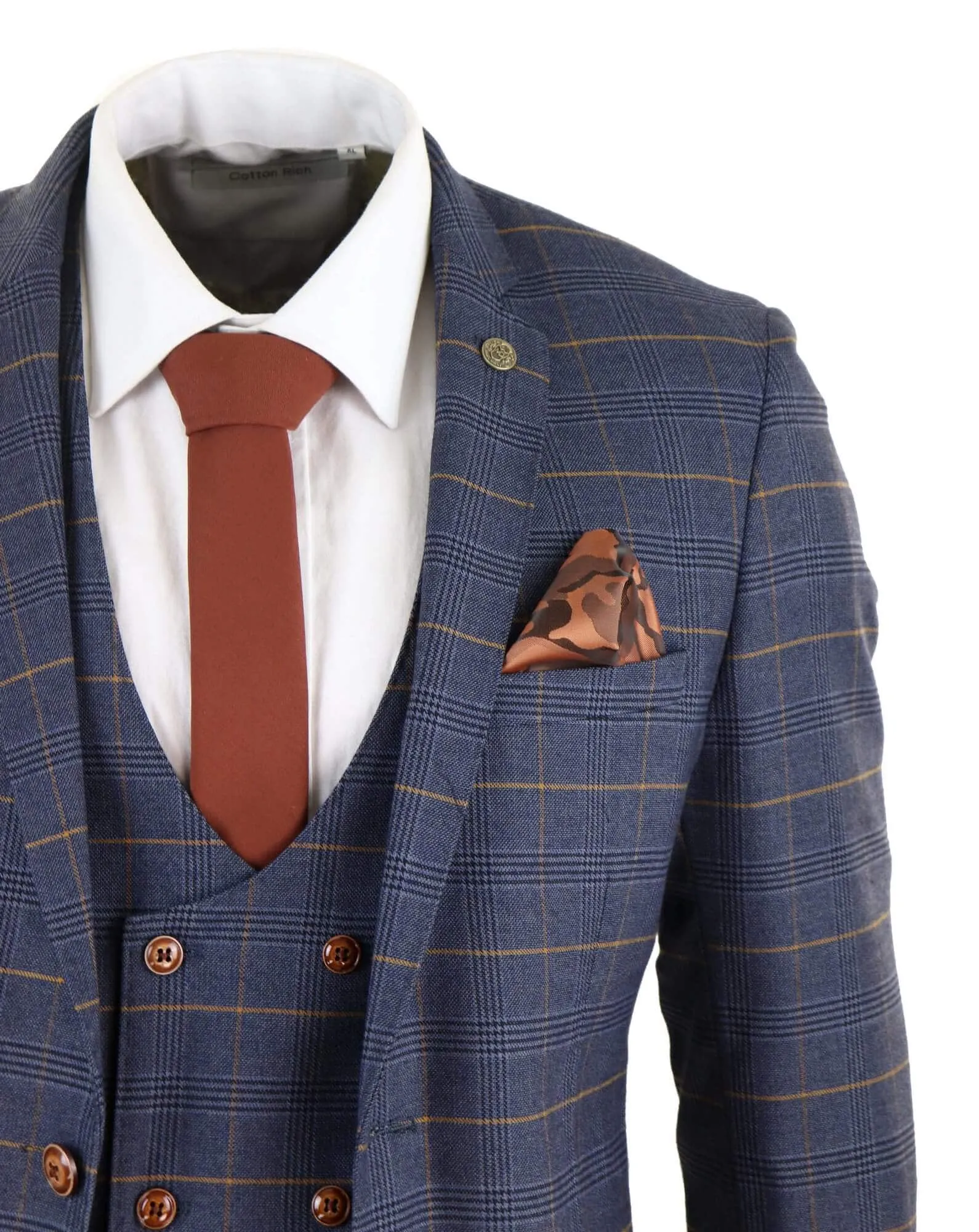 Men's Blue Check Suit with Double Breasted Waistcoat
