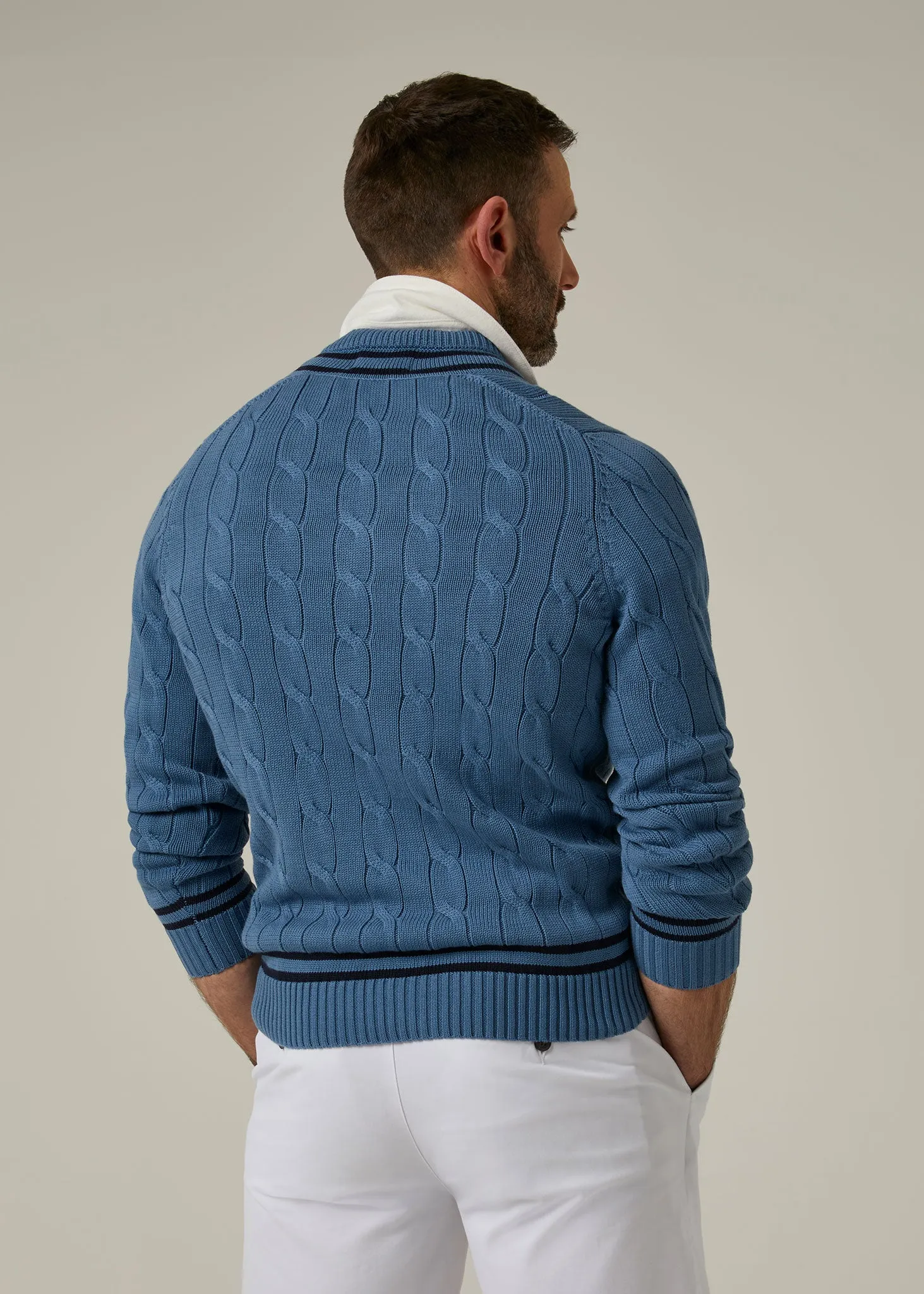 Men's Cable Knit Cricket Jumper In Airforce & Dark Navy - Alan Paine UK
