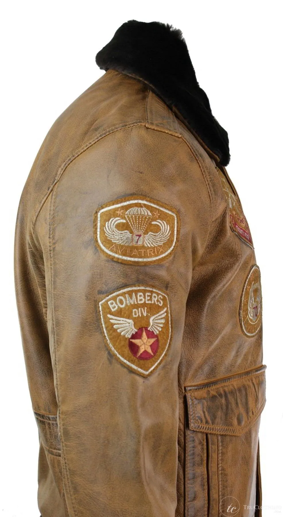 Mens Aviator Flying Pilot Bomber Jacket Vintage Tan Removable Black Fur Collar-Brown