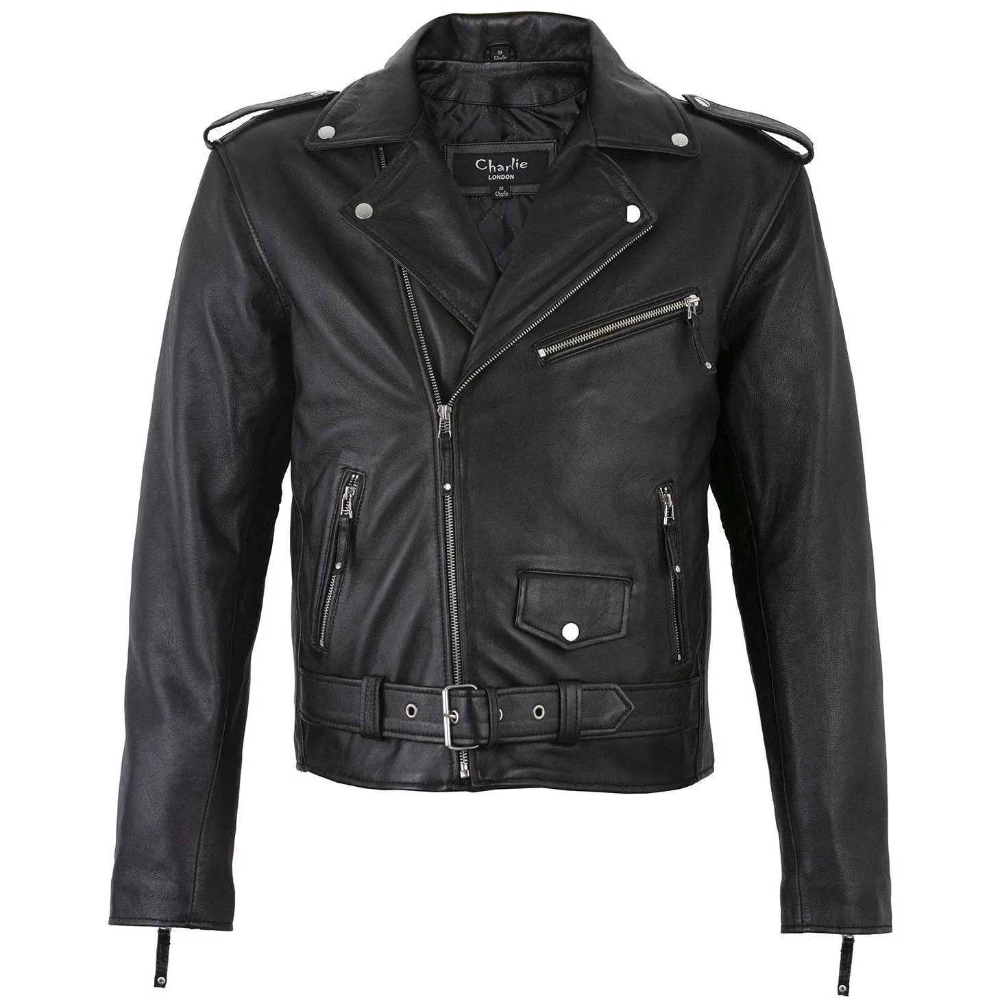 Men's Belted Cross Zip Brando Biker Black Leather Jacket