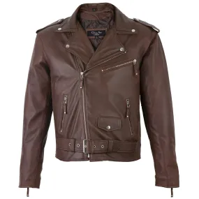 Men's Belted Cross Zip Brando Biker Brown Leather Jacket