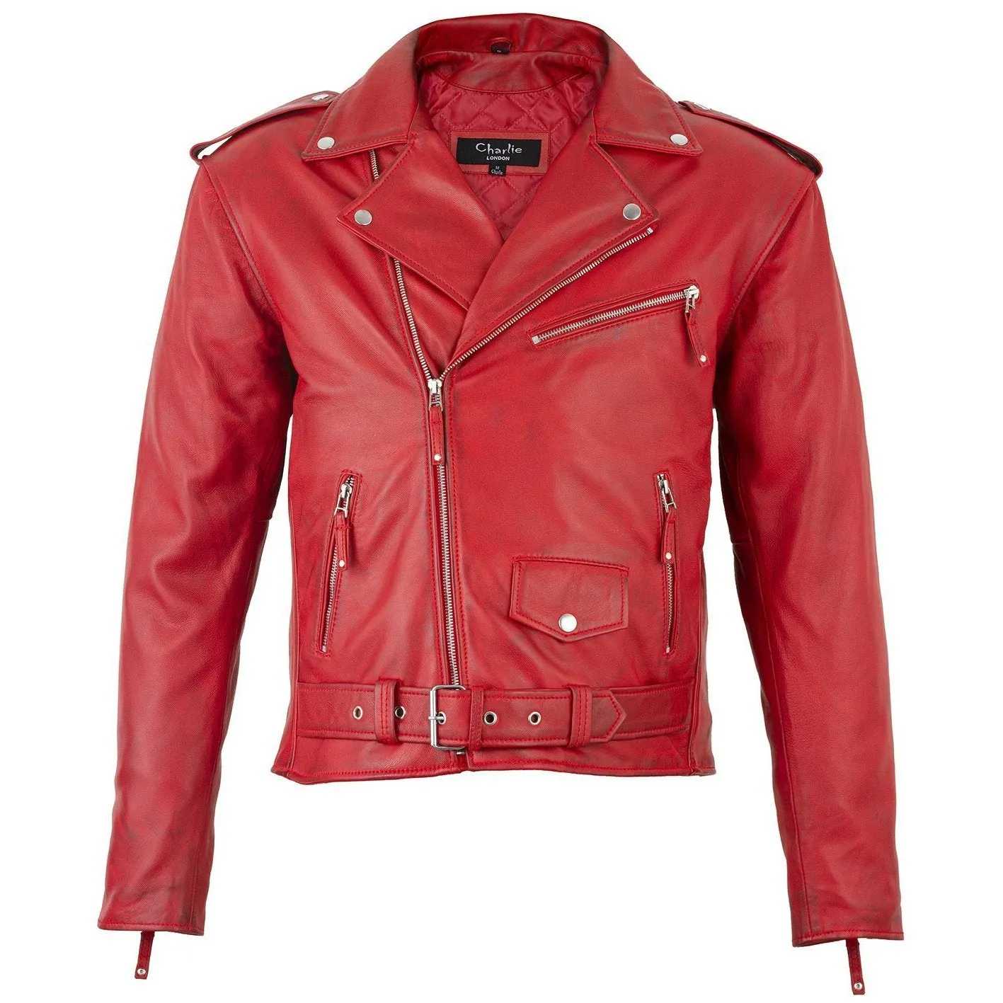 Men's Belted Cross Zip Brando Biker Red Leather Jacket