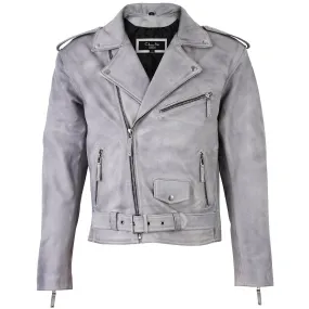 Men's Belted Cross Zip Brando Biker White Leather Jacket