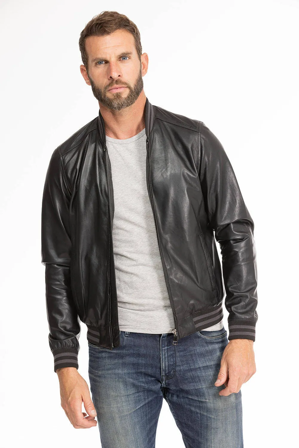 Men's black leather jacket in redskins dives teddy style