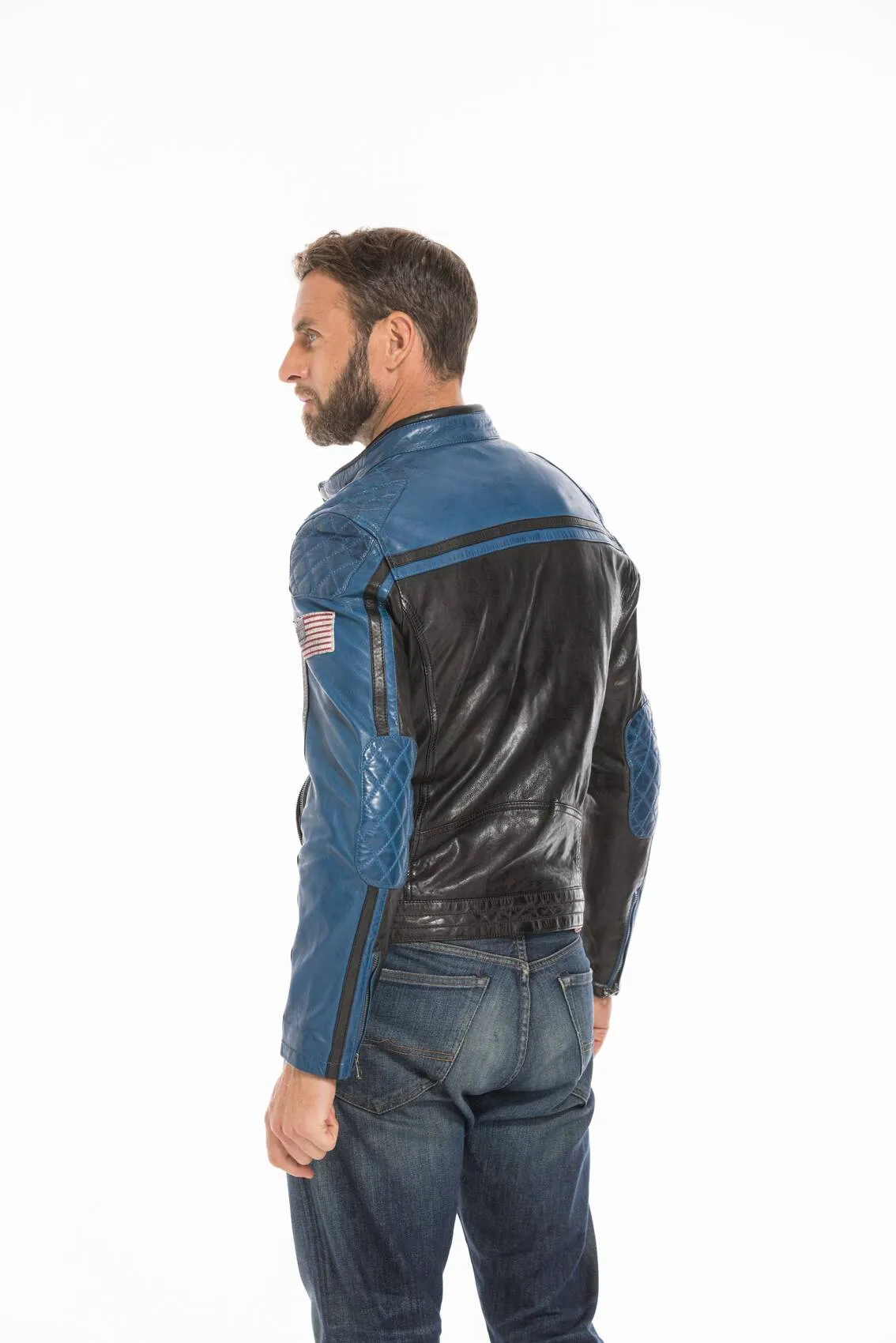 Men's black/blue motorcycle style leather jacket 101985