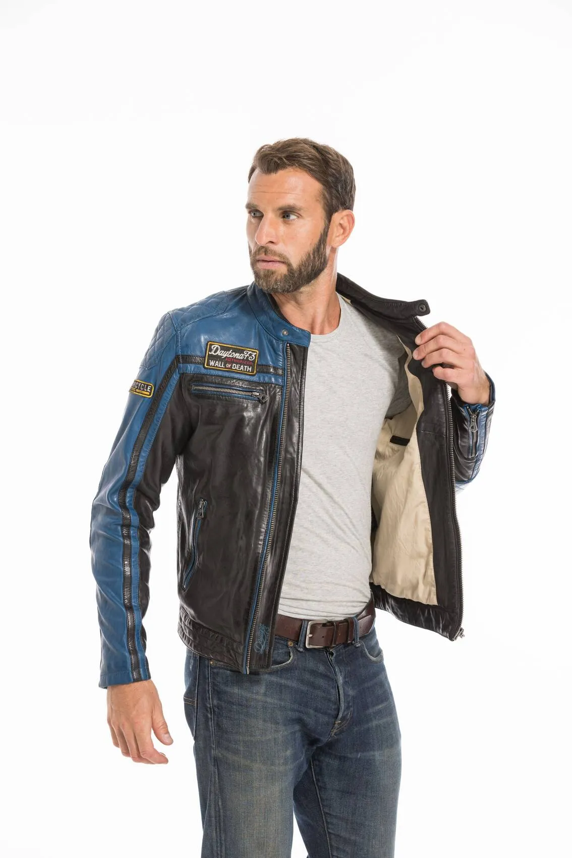 Men's black/blue motorcycle style leather jacket 101985