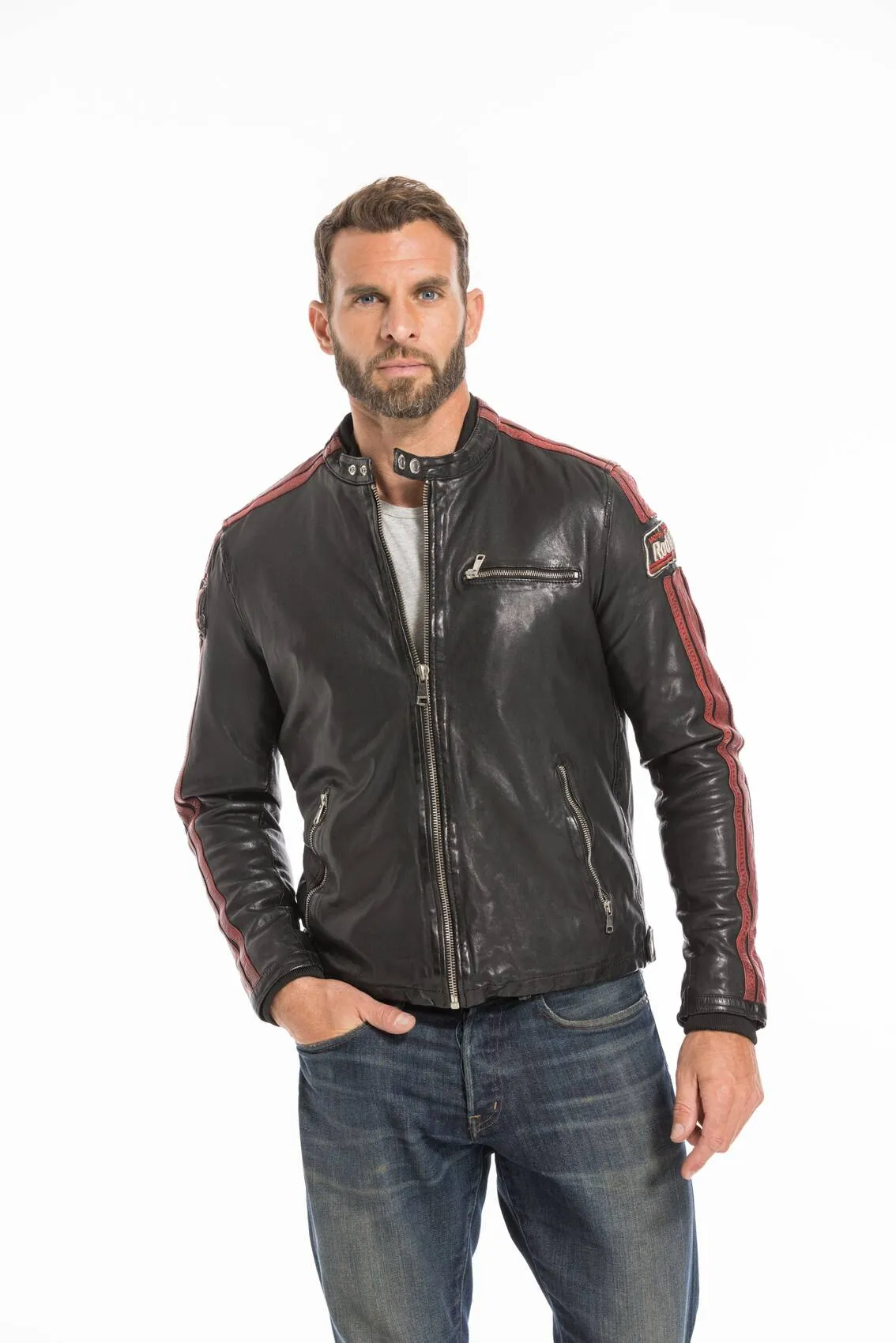 Men's black/red redskins deegan motorcycle style leather jacket
