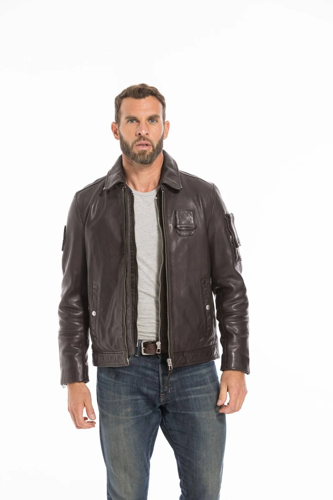 Men's brown leather jacket patrol of france jaegger