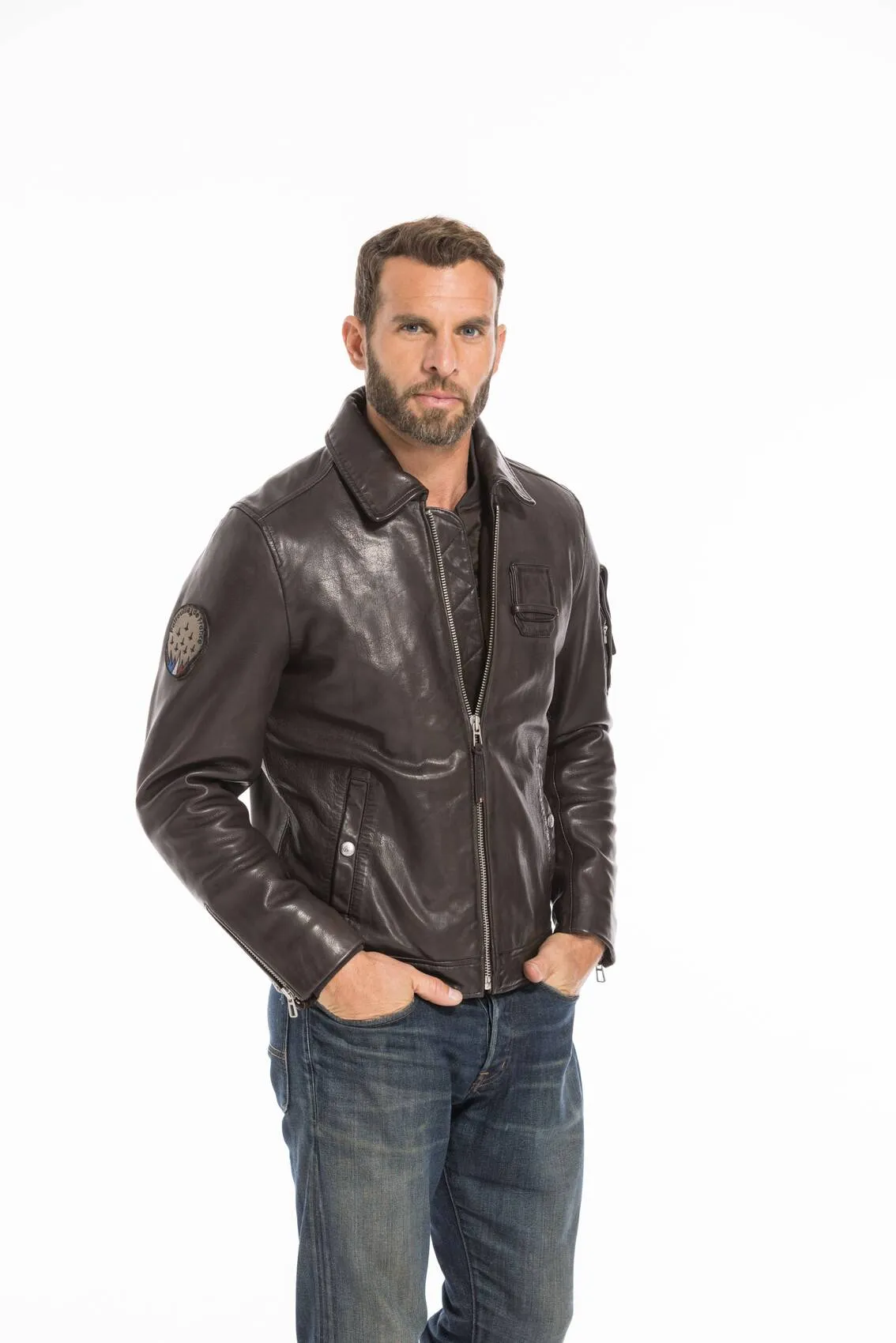 Men's brown leather jacket patrol of france jaegger