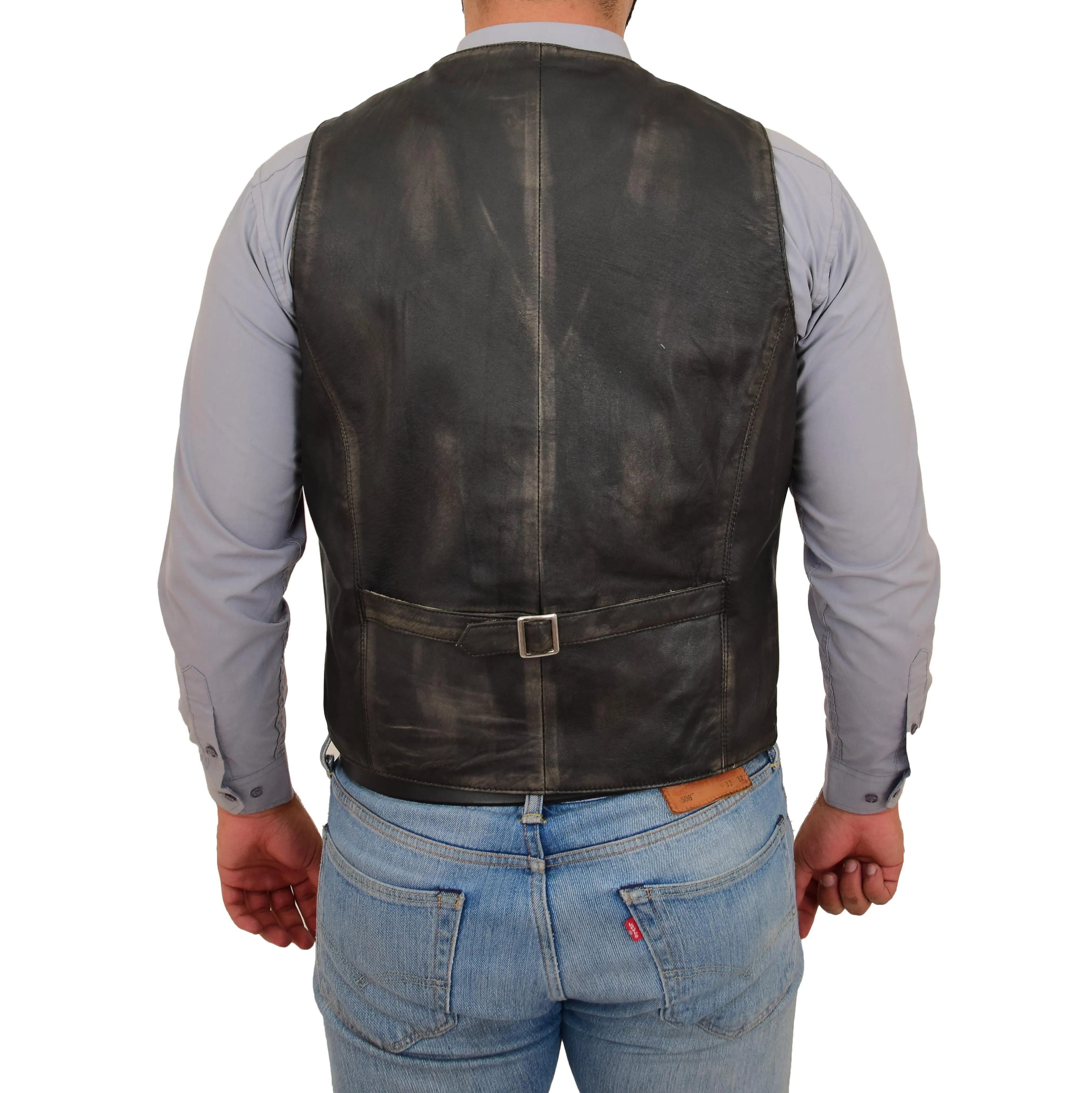 Mens Button Fastening Leather Waistcoat Nick Black Vintage