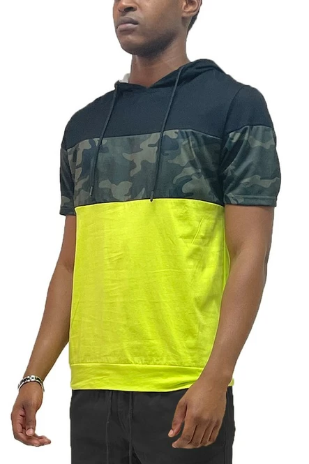 Men's Camo and Solid Design Block Hooded 100% Cotton T-shirt -