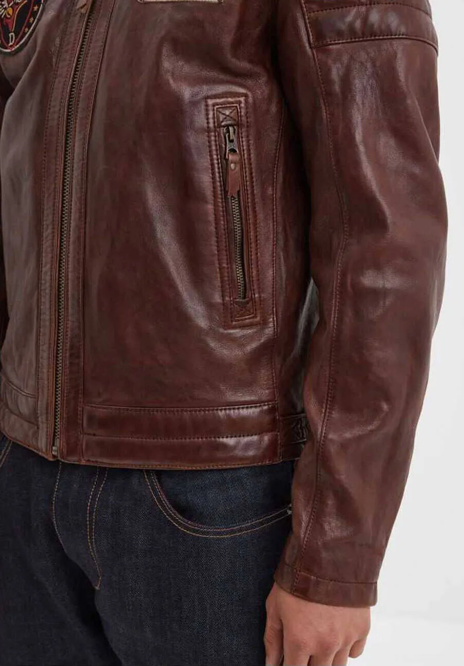 Men's dark cognac pilot style leather jacket duluth
