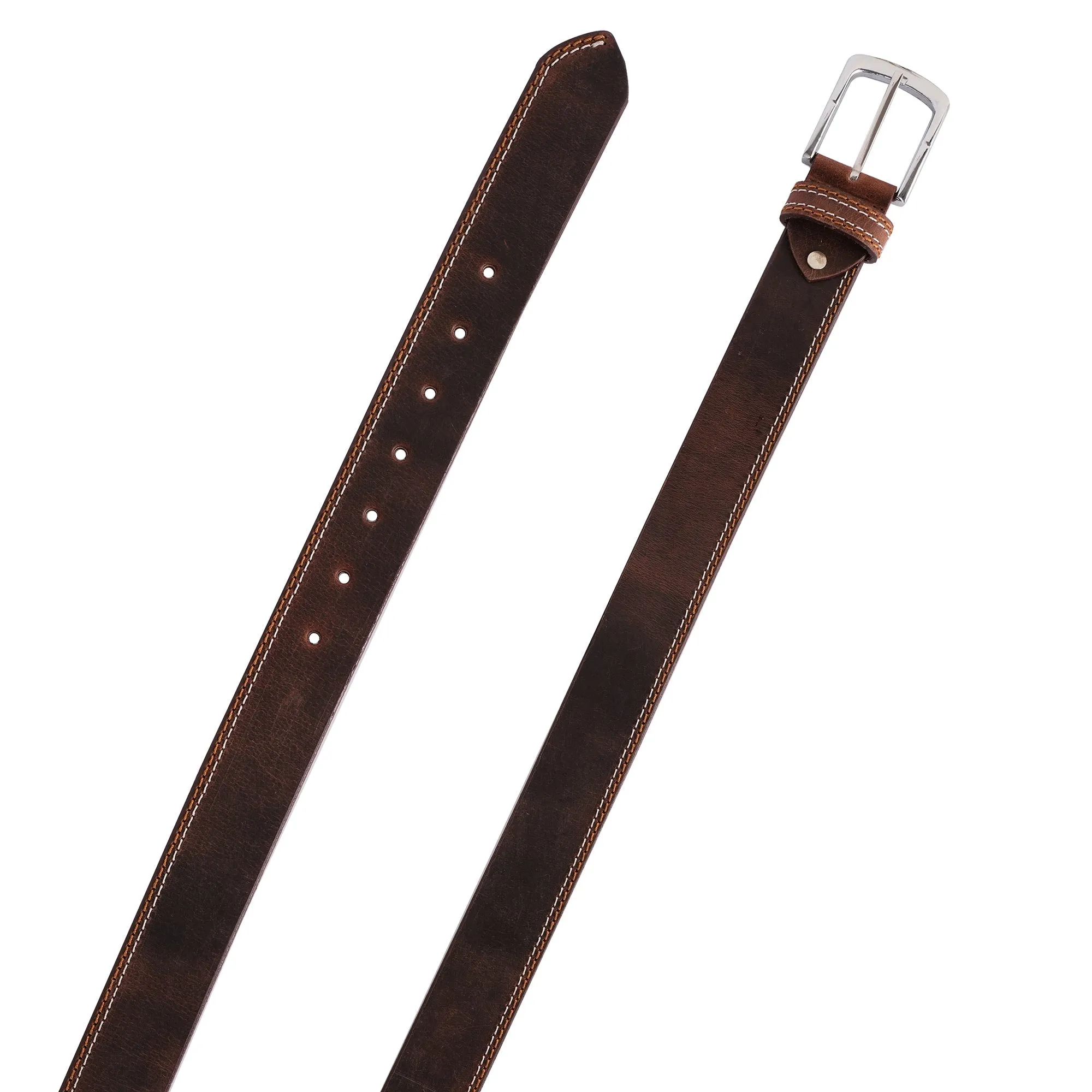 Mens Double Stich Genuine Leather Belt - Casual Belt for Suits & Jeans, Single Prong Buckle