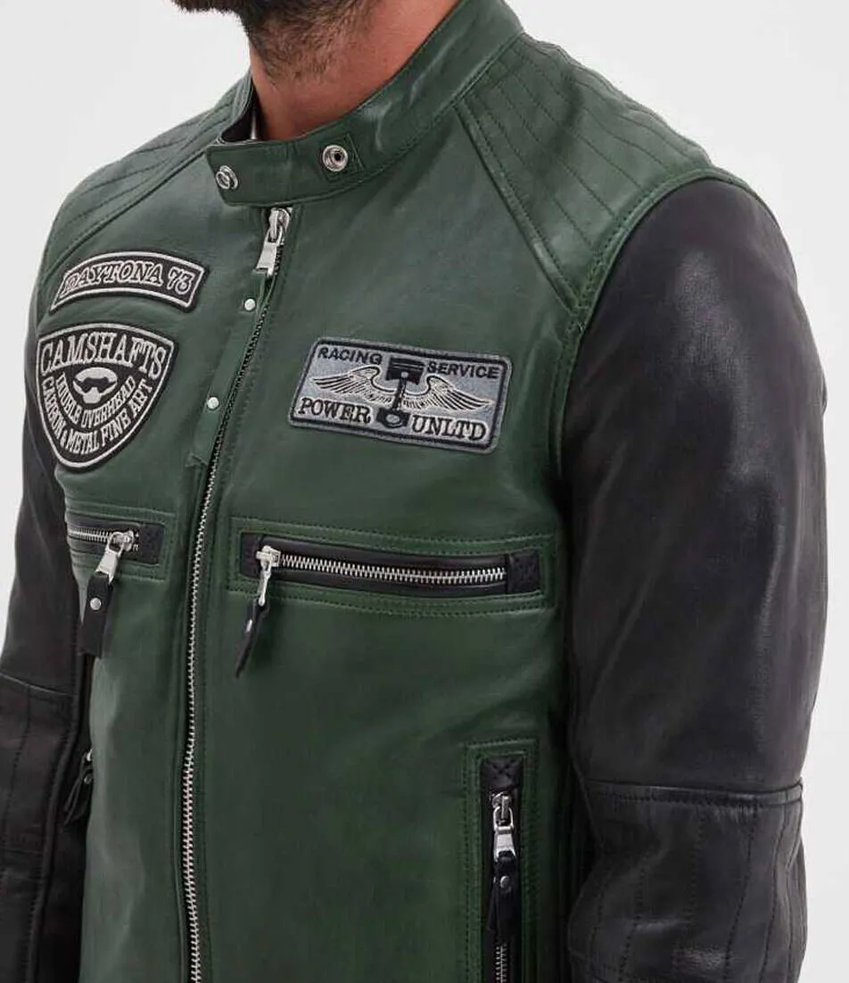 Men's green/black motorcycle style leather jacket roscoda