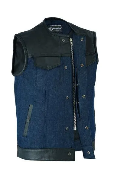 Men’s Leather/Denim Combo Vest (Black/Broken Blue)