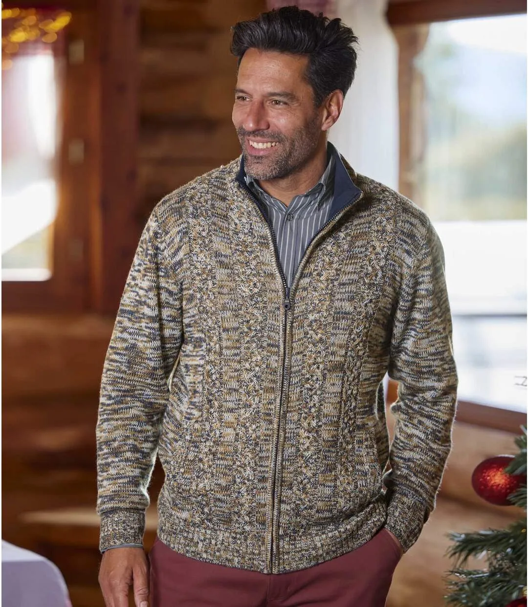 Men's Mottled Knitted Jacket - Full Zip - Brown Navy 