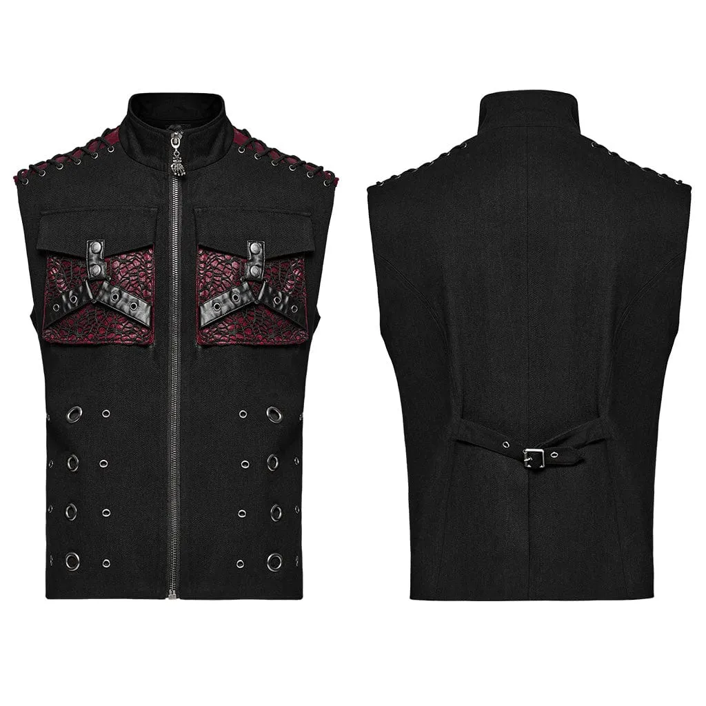 Men's Punk Faux Leather Big-pocket Black Red Vest