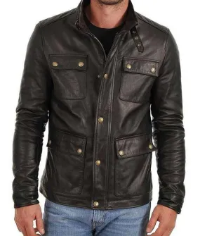 Mens Racer Style Casual Four Button Pockets Black Leather Jacket