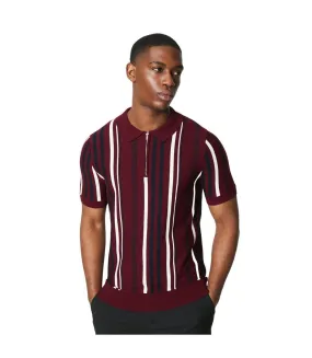 Mens vertical stripe knitted zip neck polo shirt burgundy Burton