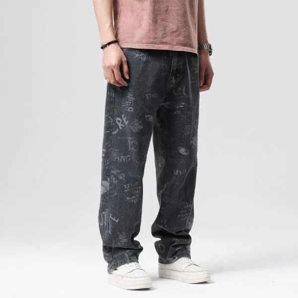 Men's loose straight jeans with graffiti print