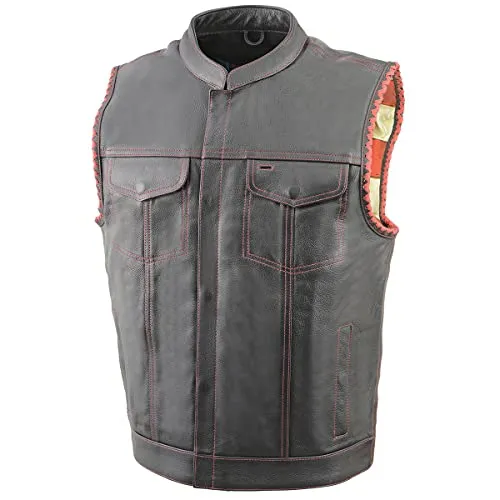 Milwaukee Leather MLM3506 Menâ€™s â€˜Old Gloryâ€™ Black Leather with Red Stitching Vest and Laced Arm Holes - Horizon Leathers