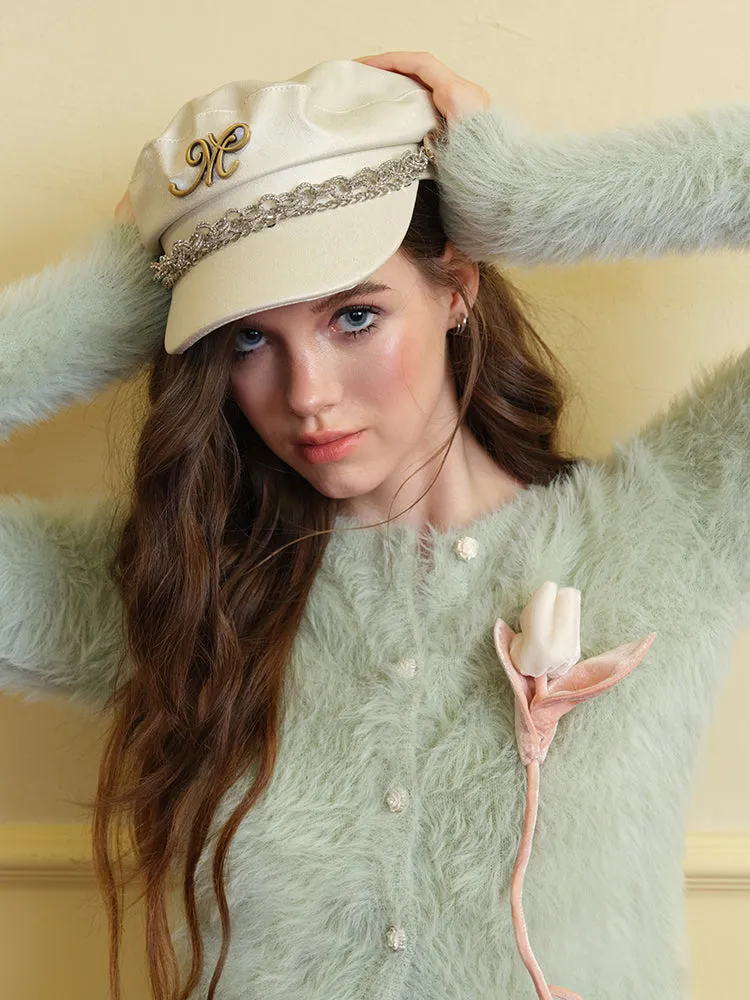 Mohair-Knit Fluffily Crew-Neck Cute Cardigan